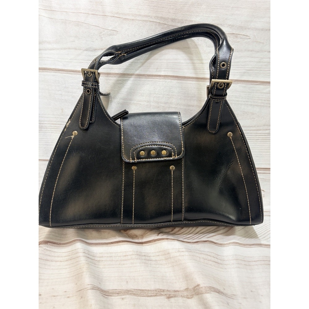 Vintage Y2K Emilie M Black Faux Leather Shoulder Bag Satchel Buckle Studded